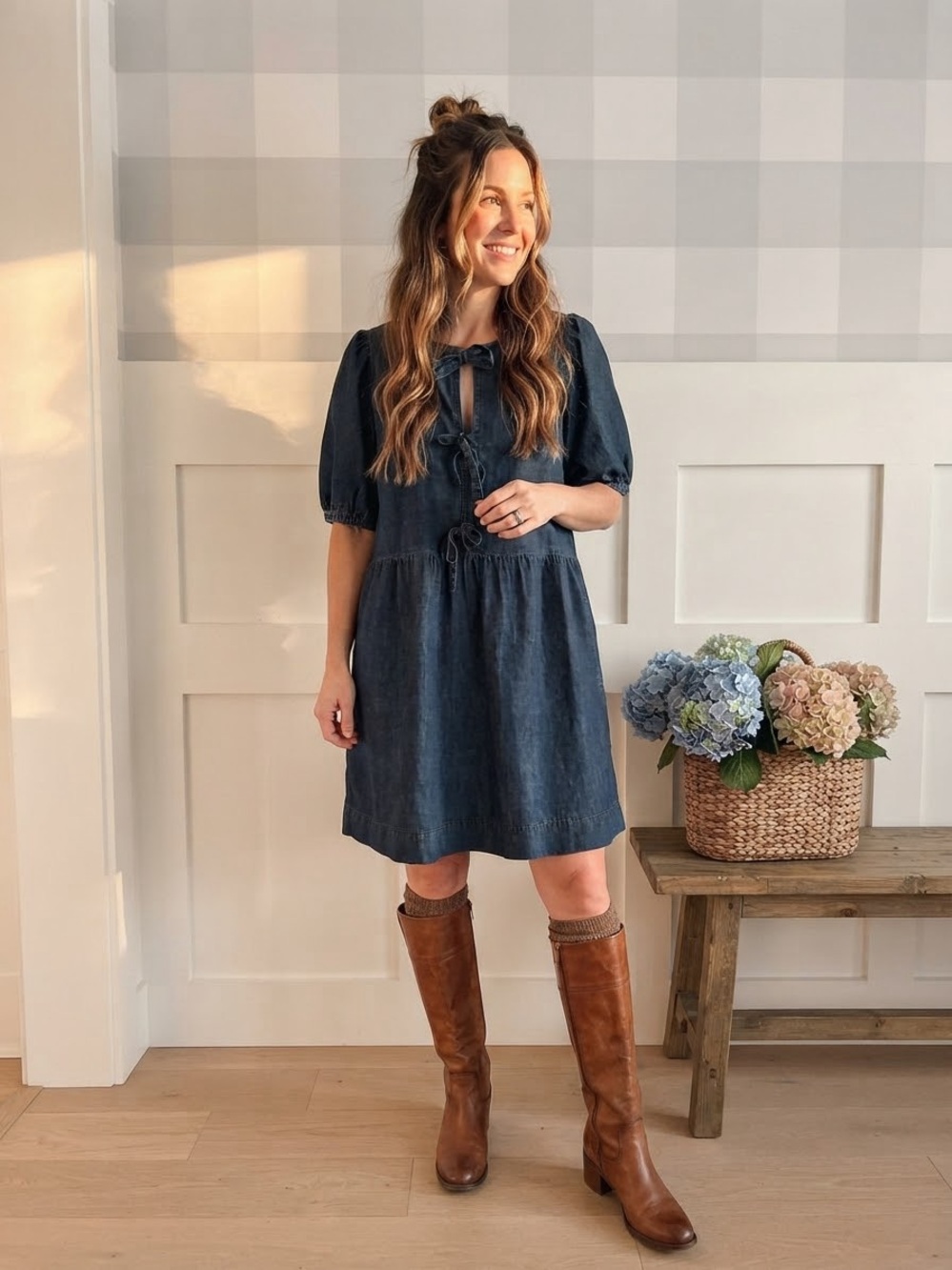 LOFT Navy Denim Tie-Front Puff Sleeve Mini Dress Medium